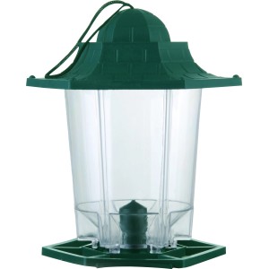 Vogelfutterstation aus Kunststoff, 14,8x17cm, mit grünem Dach und durchsichtigem Futterbehälter.