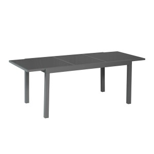 Ausziehbarer Merxx Gartentisch, 150/210x90 cm, Graphit Aluminium mit grauer Glasplatte.