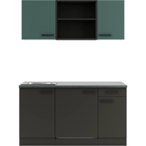 OPTIFIT Miniküche 150cm in Steingrün/Anthrazit mit Spüle und Kühlschrank. Kompakte Einbauküche für kleine Räume.