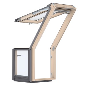 Velux Dachbalkon-Türelement, klar lackiert, 109x78 cm, DIN rechts, geöffnet.