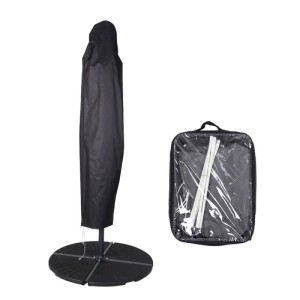 Dunkelgraue Sonnenschirm-Schutzhülle aus Polyester auf Ständer, mit Hilfsstab in Tasche. Schützt Ampelschirme vor Wetter.