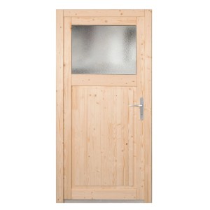 Nebeneingangstür Panto NET 504 Naturholz mit Ornamentglas und silberner Türklinke.