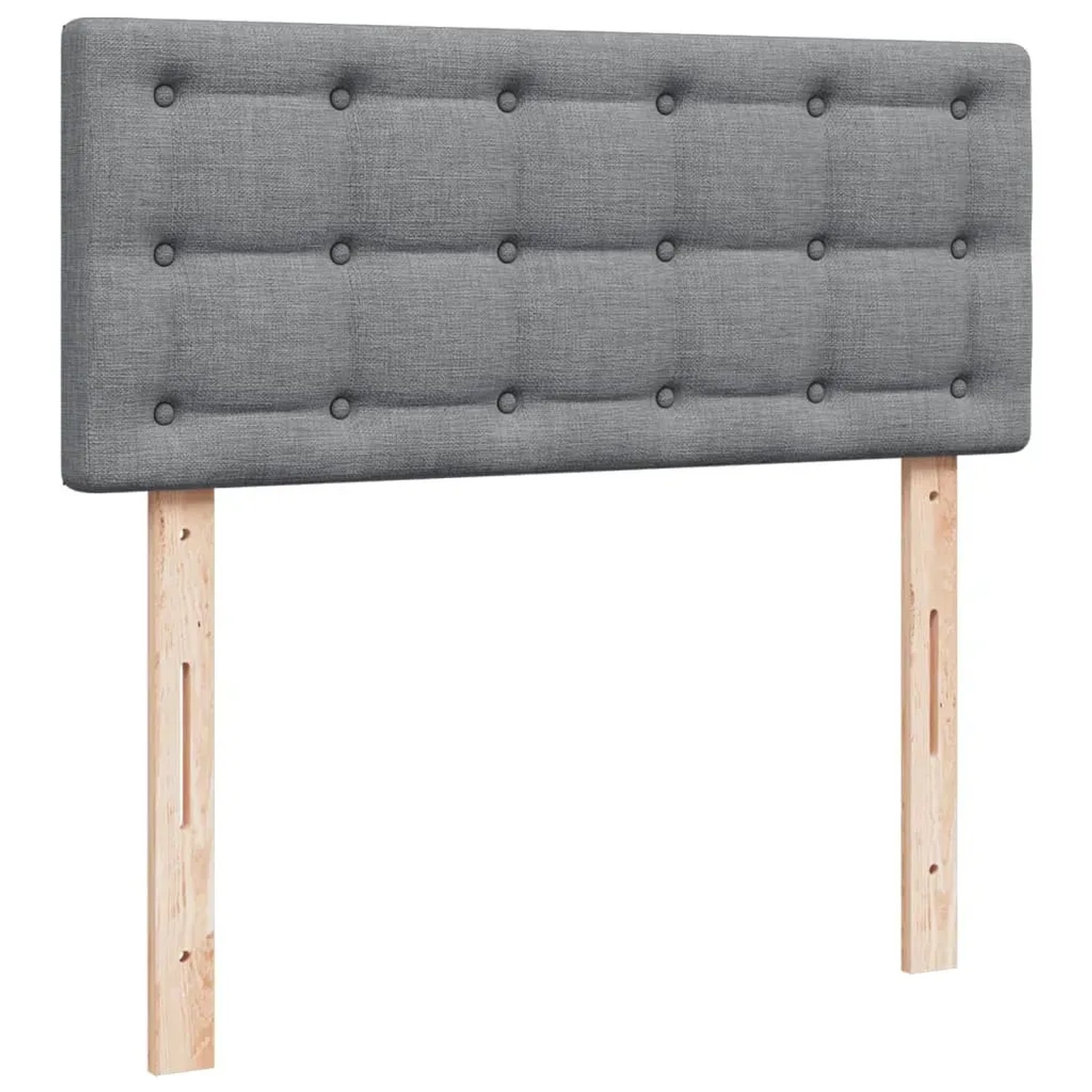 Hellgraues Boxspringbett mit Stoffbezug und gestepptem Kopfteil, Betten Kategorie.