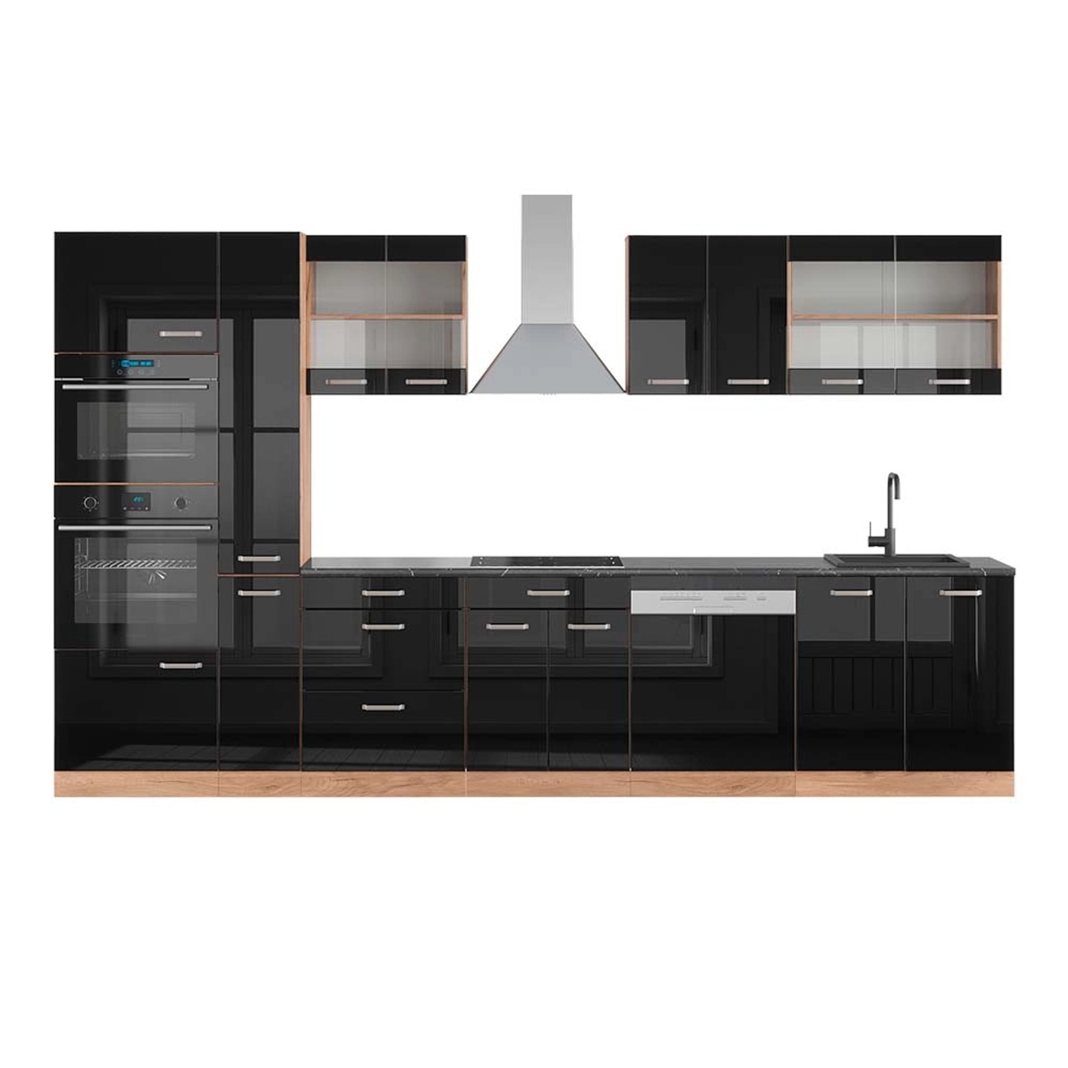 Vicco R-Line Küchenzeile Schwarz Hochglanz/Goldkraft Eiche 350 cm mit Hochs günstig online kaufen