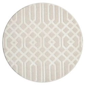 Beiger, runder Hochflor Teppich Esso 200x200 cm mit geometrischem Muster.