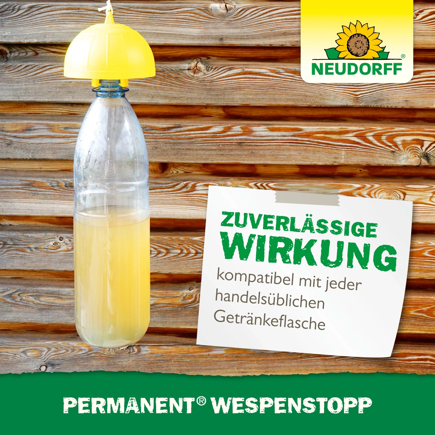 Neudorff Wespenstopp Permanent: Wespenfalle mit gelbem Aufsatz auf Getränkeflasche, für Aussenbereiche.