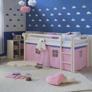 Weißes Homestyle4u Hochbett 90x200 mit rosa Vorhang für Kinderzimmer.