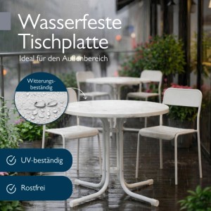 Weißer runder Beautissu Bistrotisch im Regen. Wetterfeste Tischplatte, UV-beständig und rostfrei für Garten & Balkon.