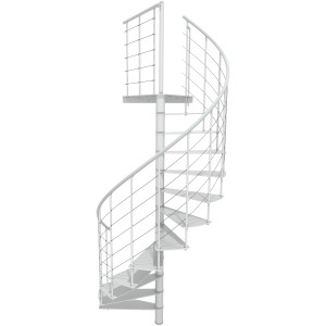 Weiße Minka Spindeltreppe Milano, spiralförmig mit Metallstufen und Geländer. Ideal für moderne Wohnstile.