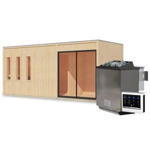 Karibu Saunahaus Huelva mit Ofen (9 kW Bio Extern), naturbelassen, mit Vorraum und integriertem Séparée.