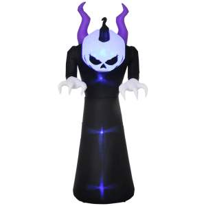 210cm aufblasbares Gespenst mit leuchtendem Kürbiskopf, lila Hörnern und blauen LEDs für Halloween Deko.