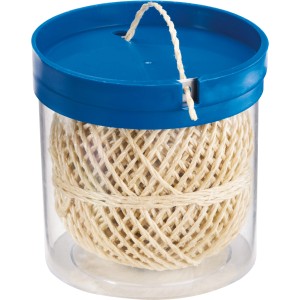 Beige LUX PP-Schnur, 60 m, im Spender mit blauem Deckel und Schneidvorrichtung.