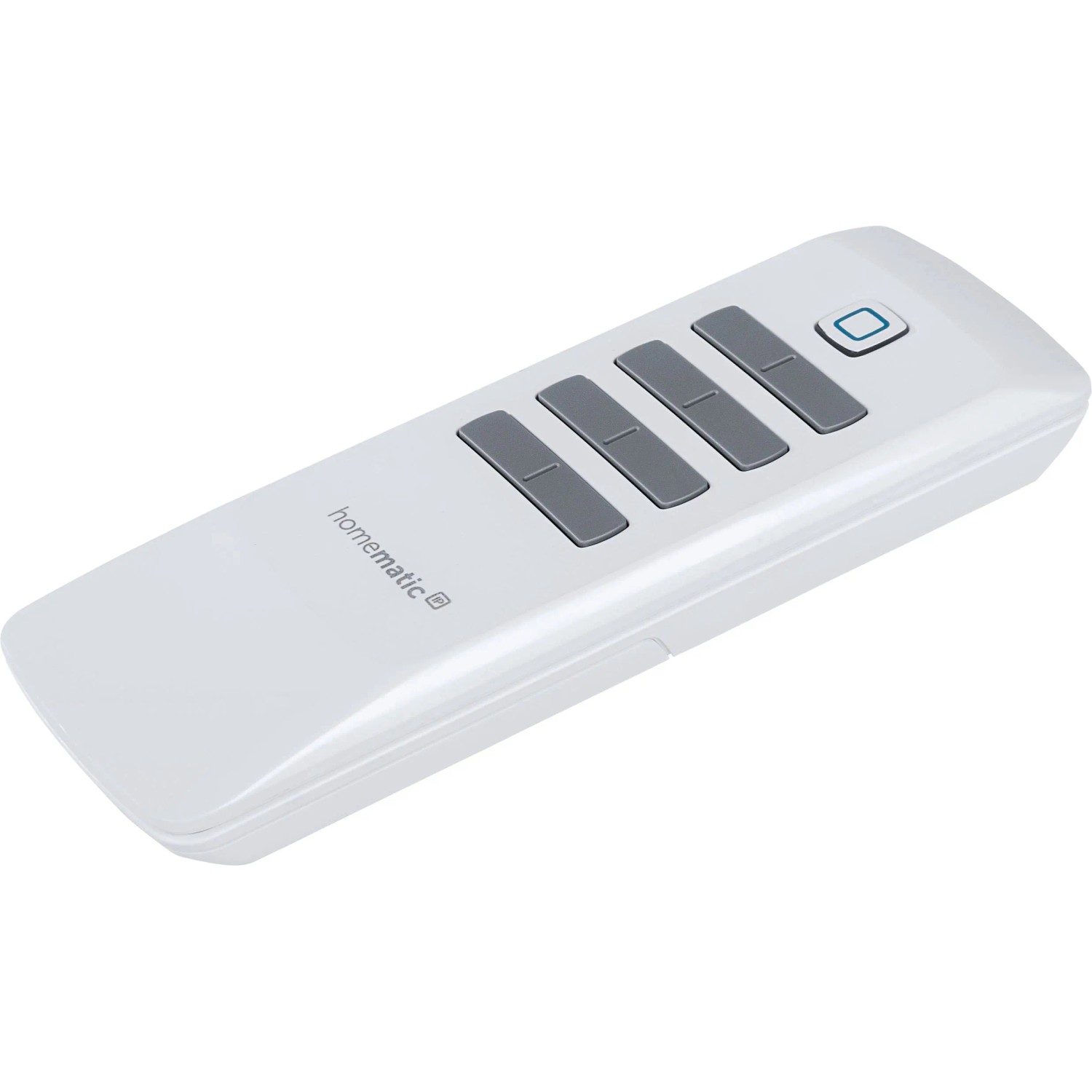 Weiße Homematic IP Fernbedienung mit 8 grauen Tasten für Smart Home Hausautomation.