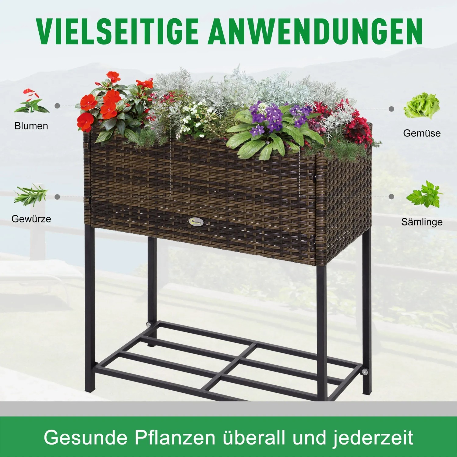 Outsunny Blumenkasten aus Rattan mit Füßen und Ablage, bepflanzt mit Blumen, Gemüse und Kräutern.