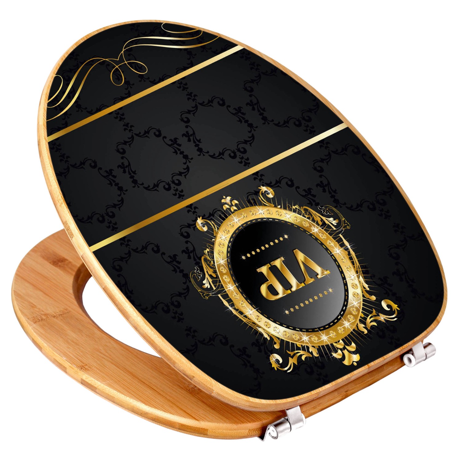 Banjado WC-Sitz aus Bambus mit VIP Motiv. Toilettendeckel aus Holz mit Universal Scharnieren.