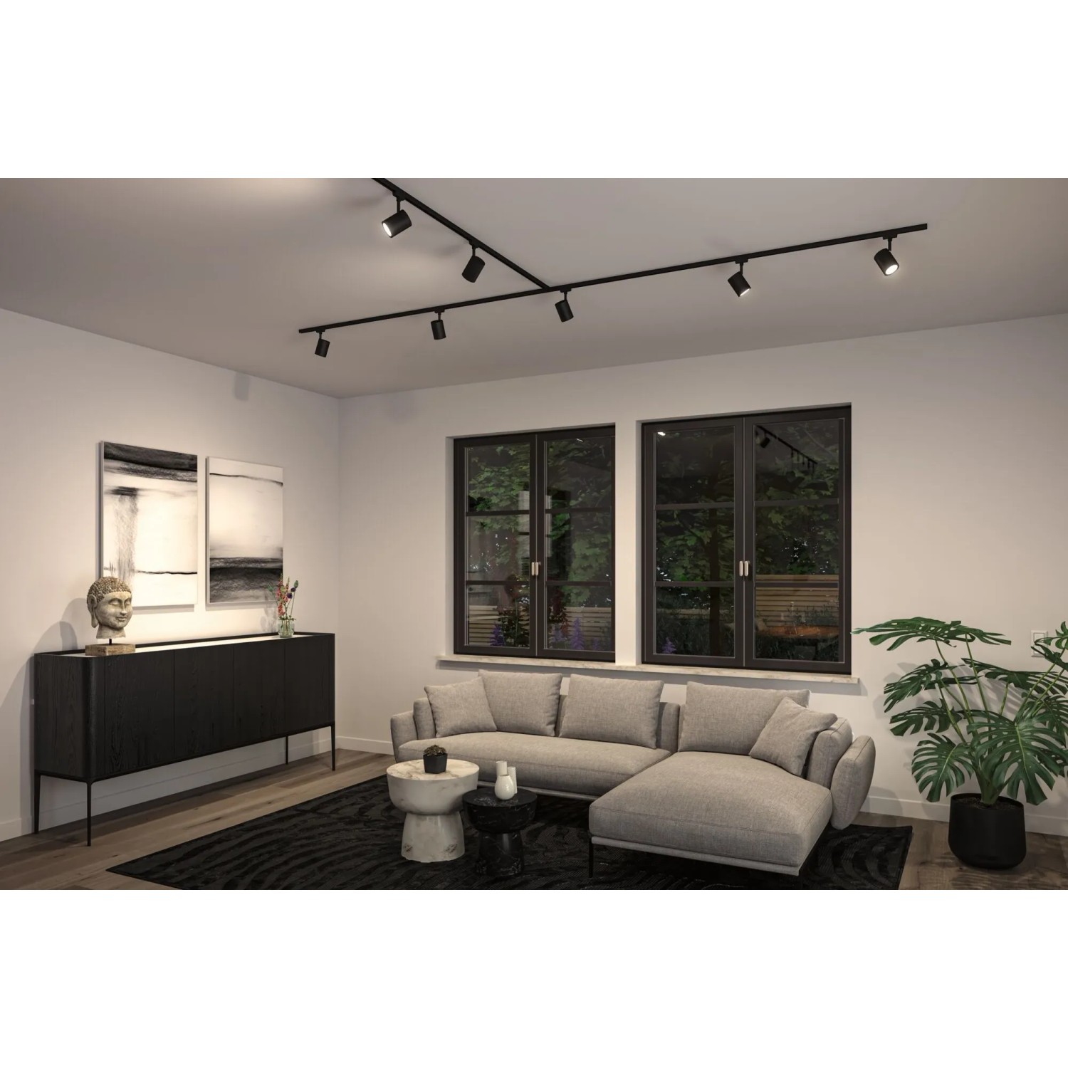 Paulmann URail Schienensystem mit schwarzen Luxe Spots im Wohnzimmer. Moderne LED-Deckenbeleuchtung, matt schwarz.