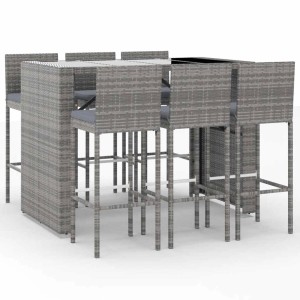 vidaXL 7-tlg. Gartenbar-Set grau mit Kissen, Poly Rattan. Bar-Tisch mit 6 Hockern.