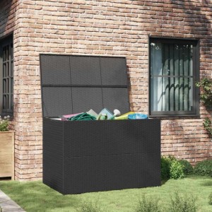 Schwarze vidaXL Garten-Auflagenbox aus Polyrattan, 150x100x100 cm, zur Aufbewahrung im Garten.