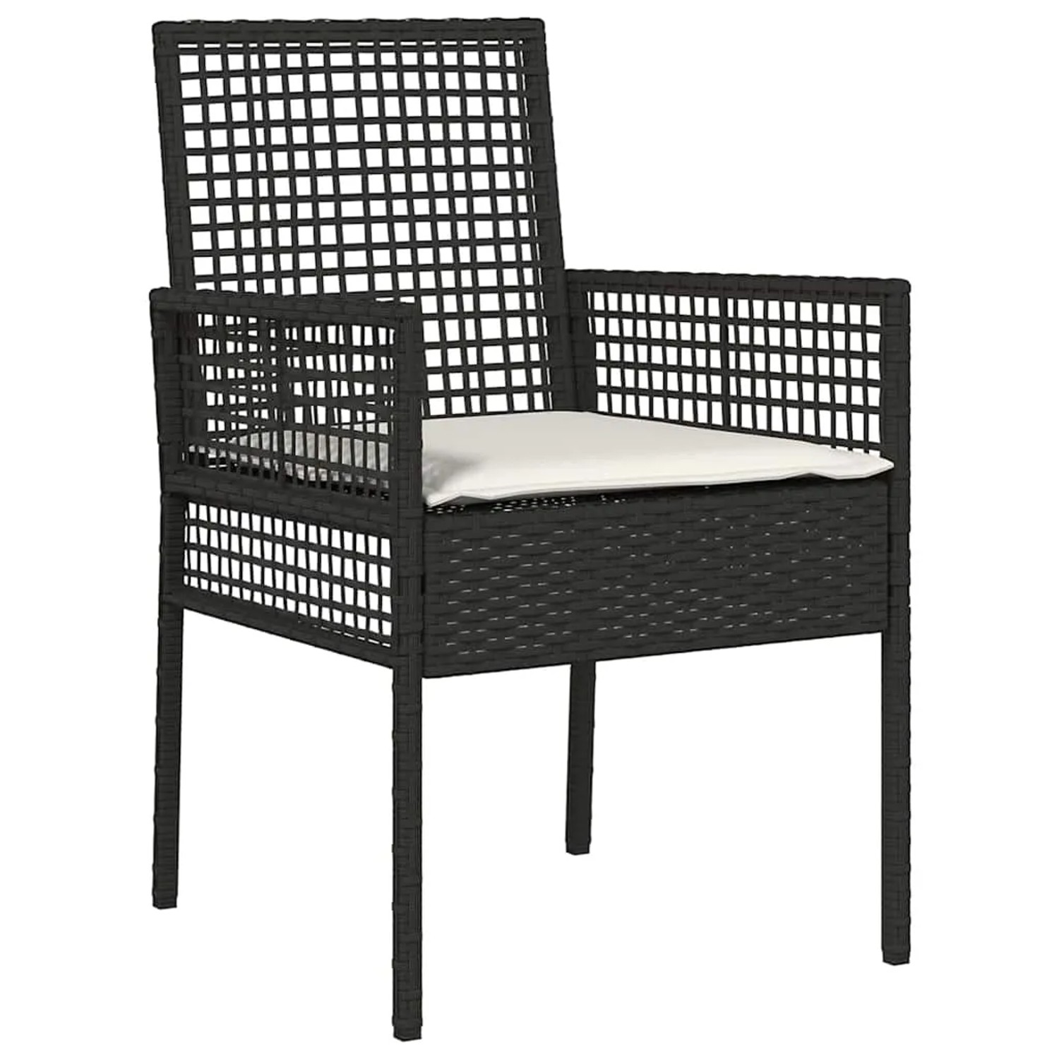 Schwarzer vidaXL Gartenstuhl aus Poly Rattan mit Sitzkissen, Teil der 9-tlg. Essgruppe.