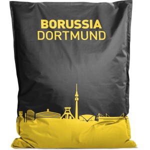 Schwarzer Sitting Point Sitzsack BigBag BVB VIP mit gelbem Skyline-Motiv.