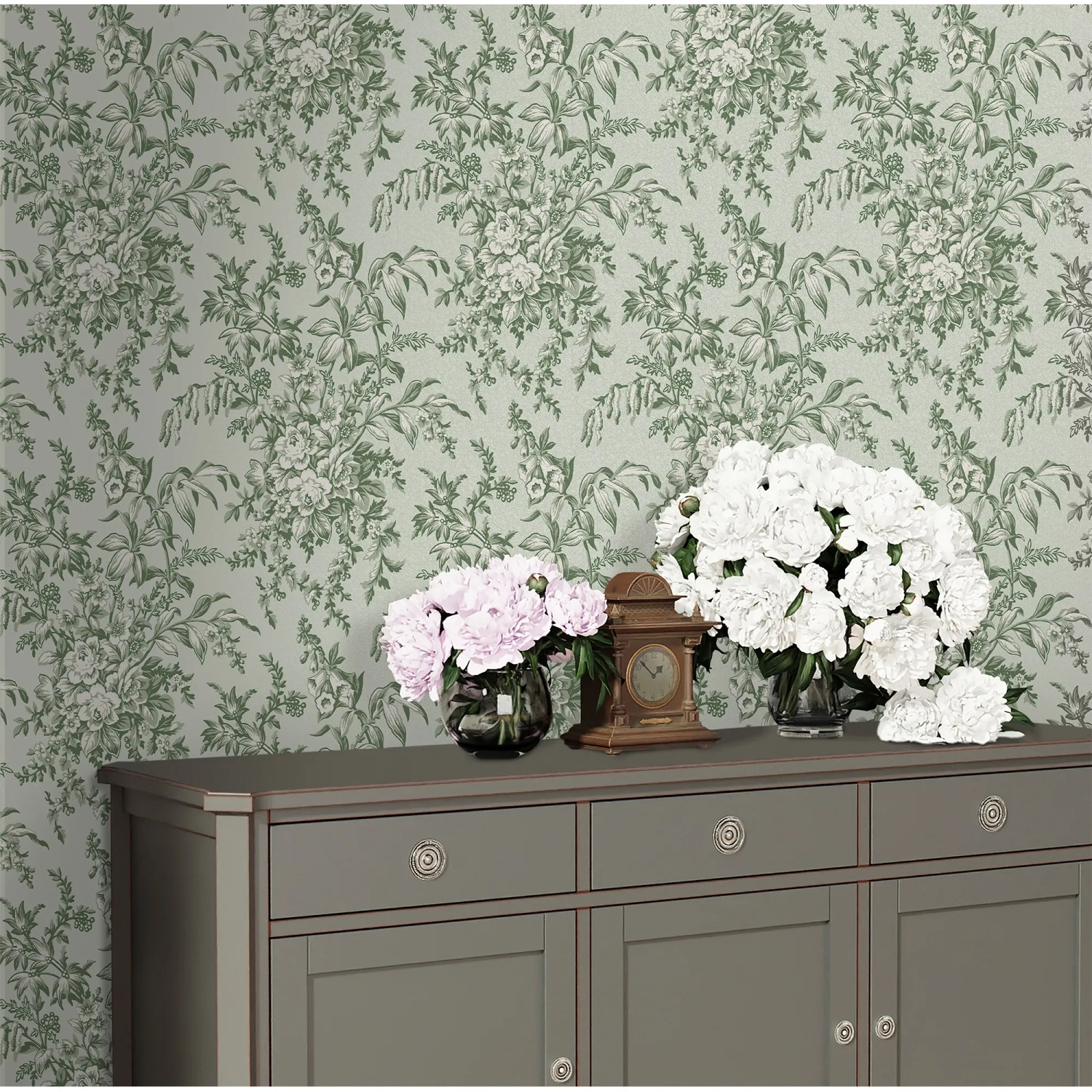 Laura Ashley Vliestapete Picardie Sage mit Blumenmuster in Grün und Weiß.