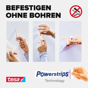 Tesa Powerstrips Klebestreifen für Tapeten & Putz: Anwendung ohne Bohren, spurlos entfernbar. Hände zeigen Befestigung.