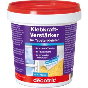 Decotric Klebkraft-Verstärker 750g im weißen Eimer mit rotem Deckel. Ideal für Tapetenkleister in Feuchträumen.