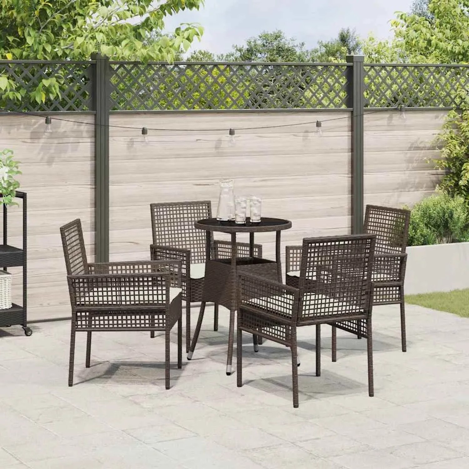 Braune 5-tlg. vidaXL Garten Essgruppe aus Poly Rattan mit Tisch und Stühlen.