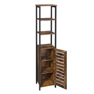 Vasagle Hochschrank in Braun-Schwarz mit 3 offenen Regalen und Schrankfach mit Lamellentür.