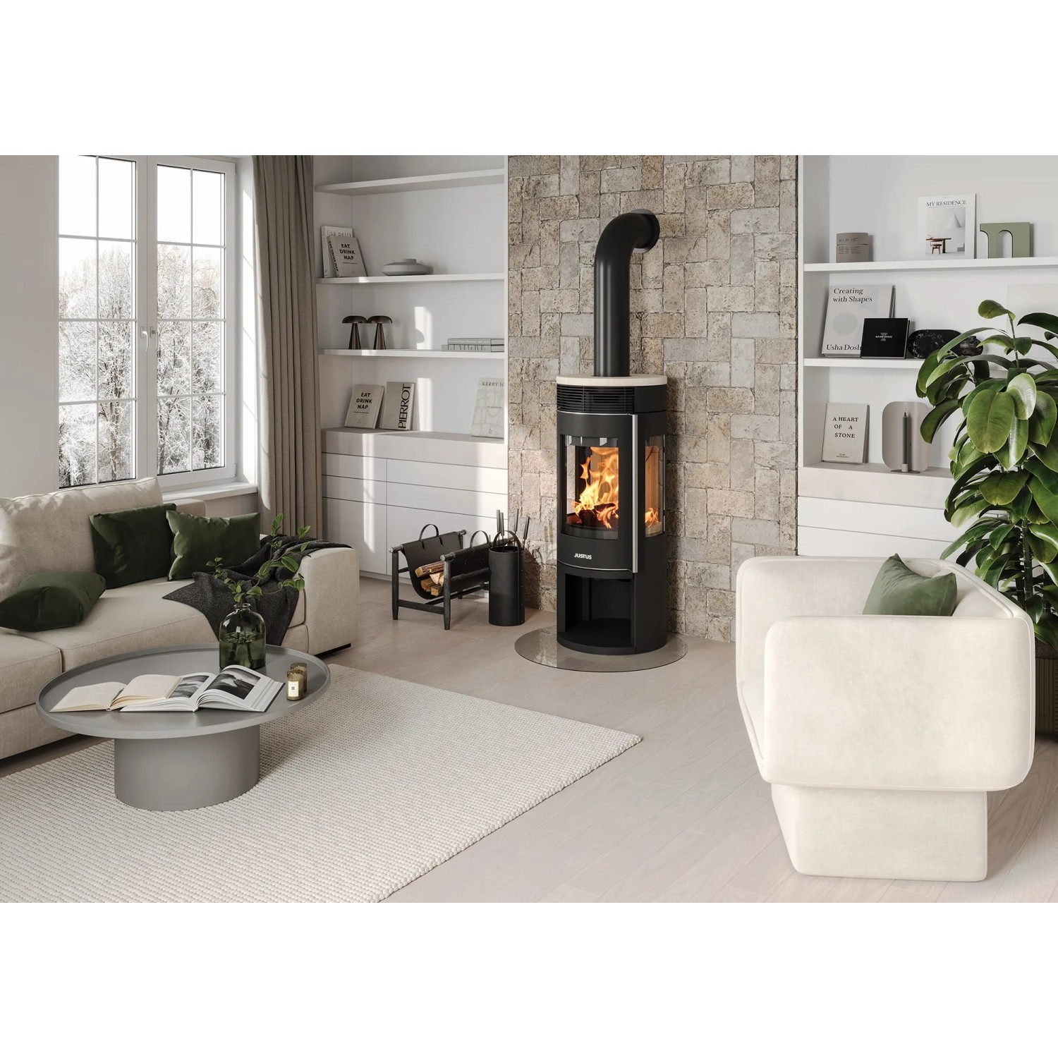 Justus Kaminofen Mino Trios 2.0, Stahl schwarz, Abdeckplatte grau, 5 kW im Wohnraum.