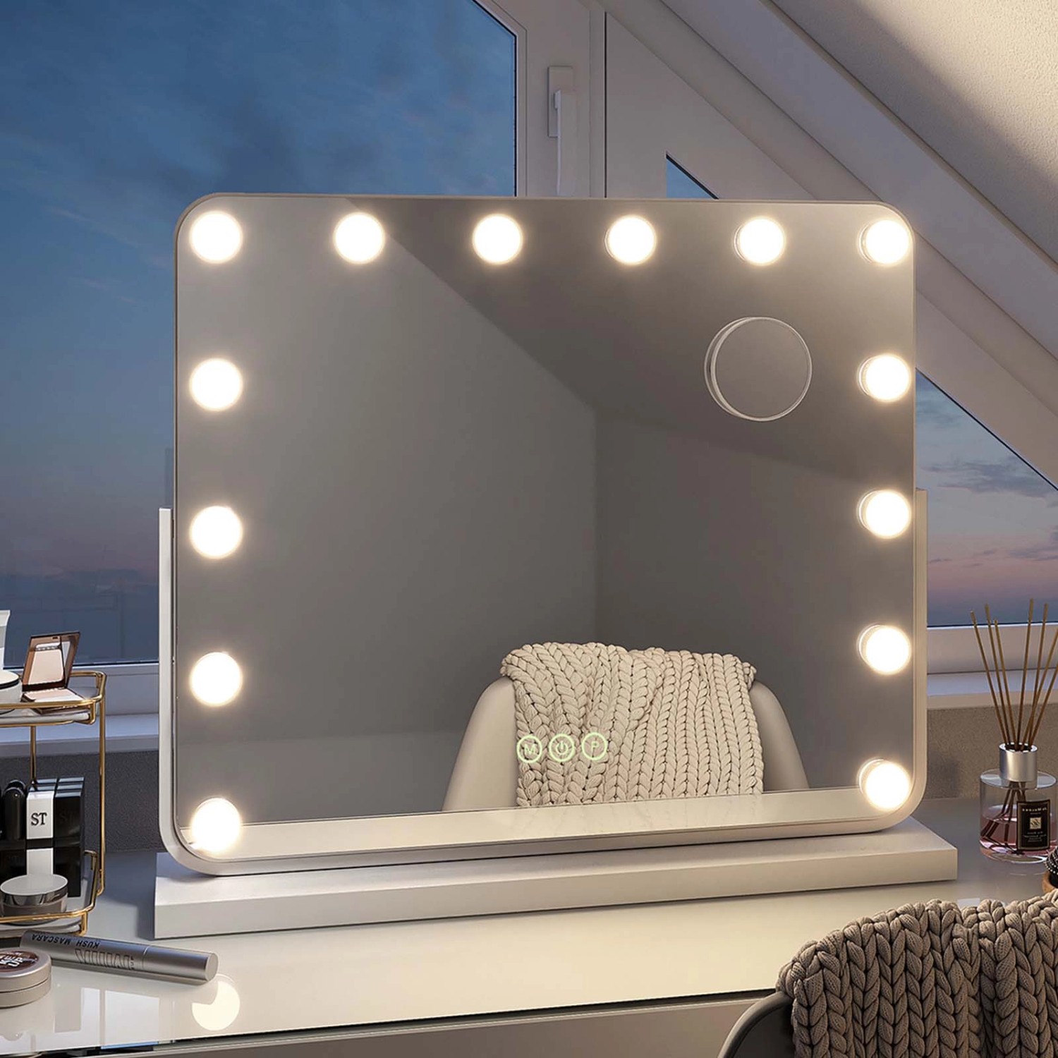 Emke Kosmetikspiegel mit Beleuchtung, 60x51cm, 3 Farbtemperaturen, dimmbar.