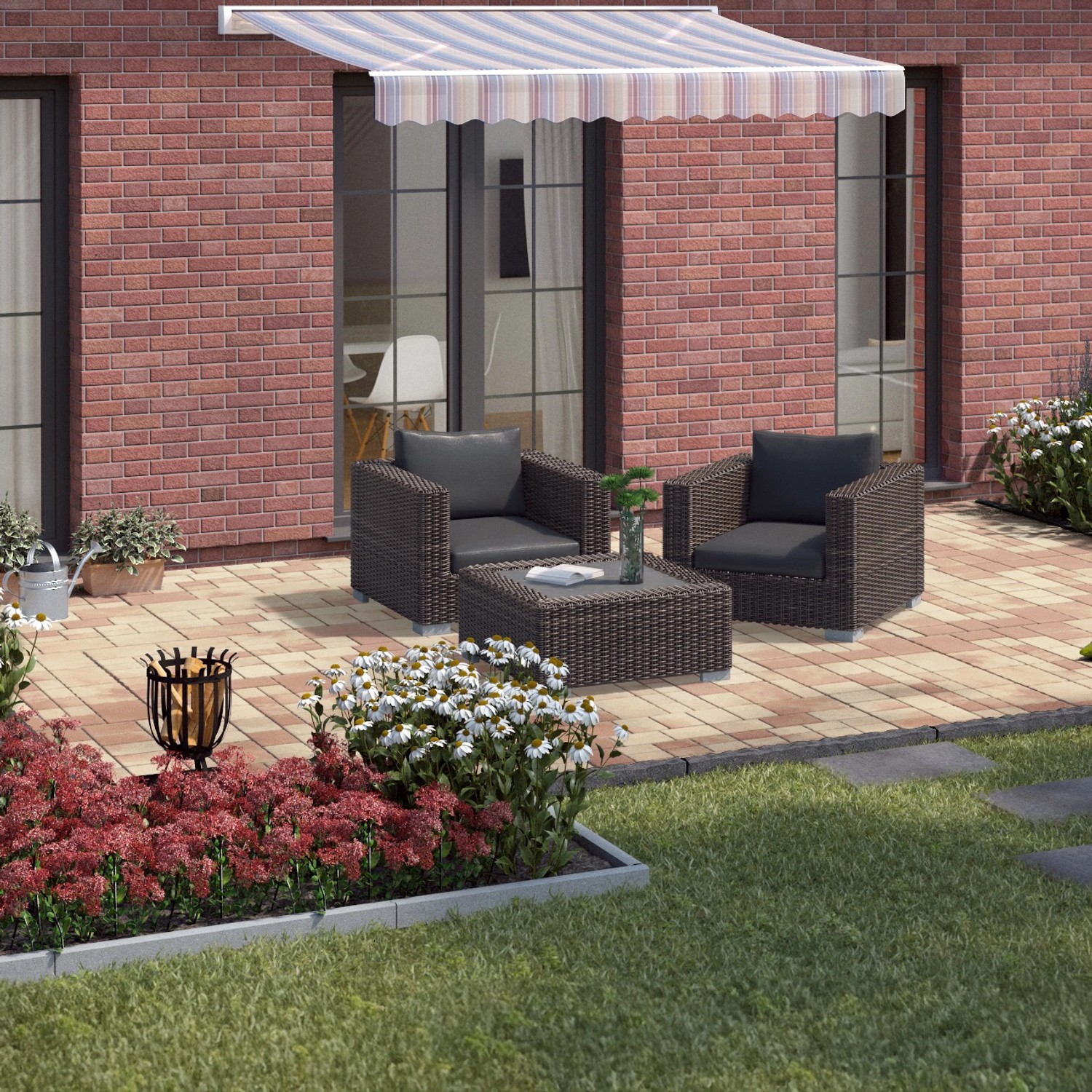 Verlegte Mehrformat-Pflastersteine Encanto Beton Antik Terra-Nuanciert im Garten mit Sitzgruppe.