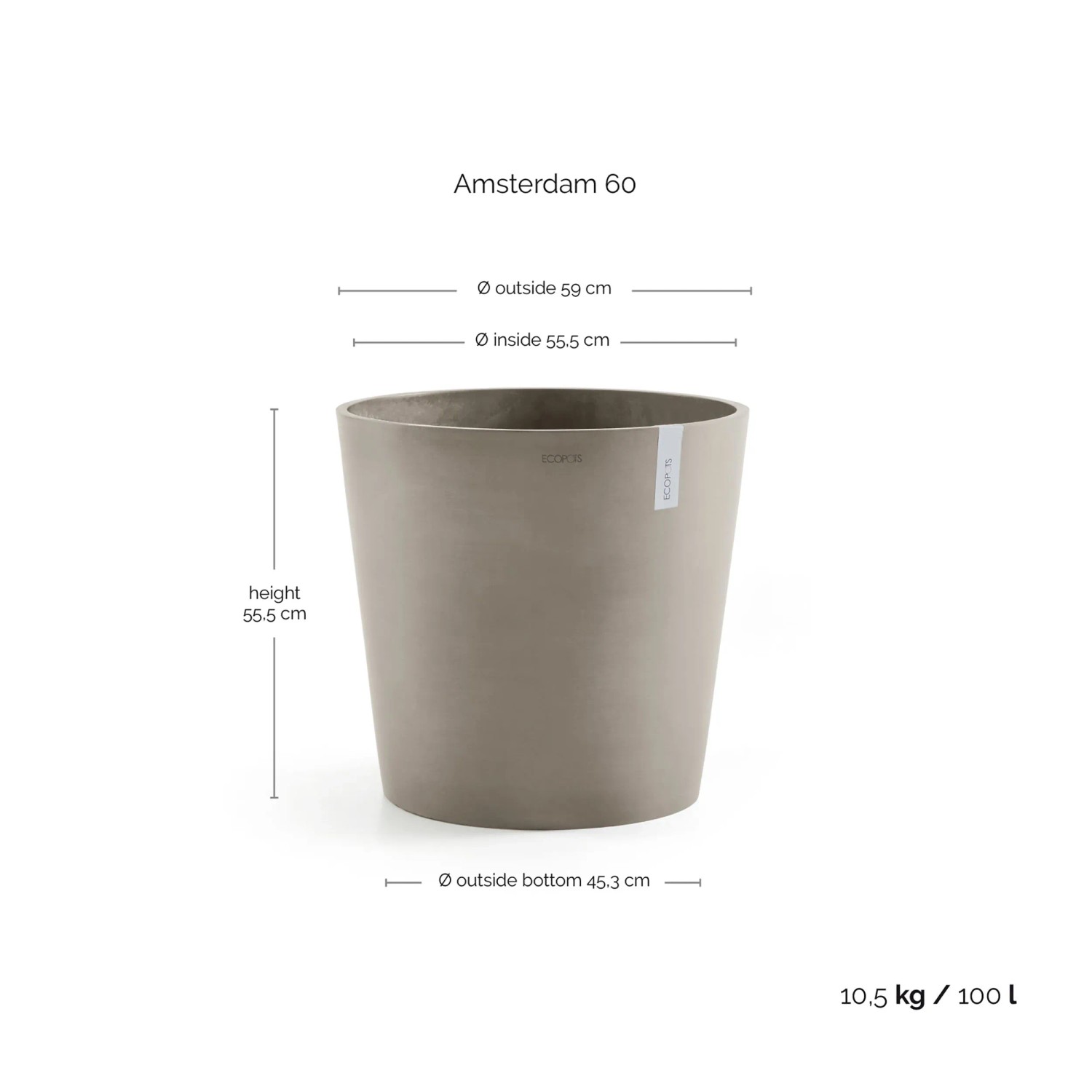 Ecopots Amsterdam Pflanztopf, braungrau, 60 cm. Ideal für drinnen und draußen, frost- und UV-beständig.