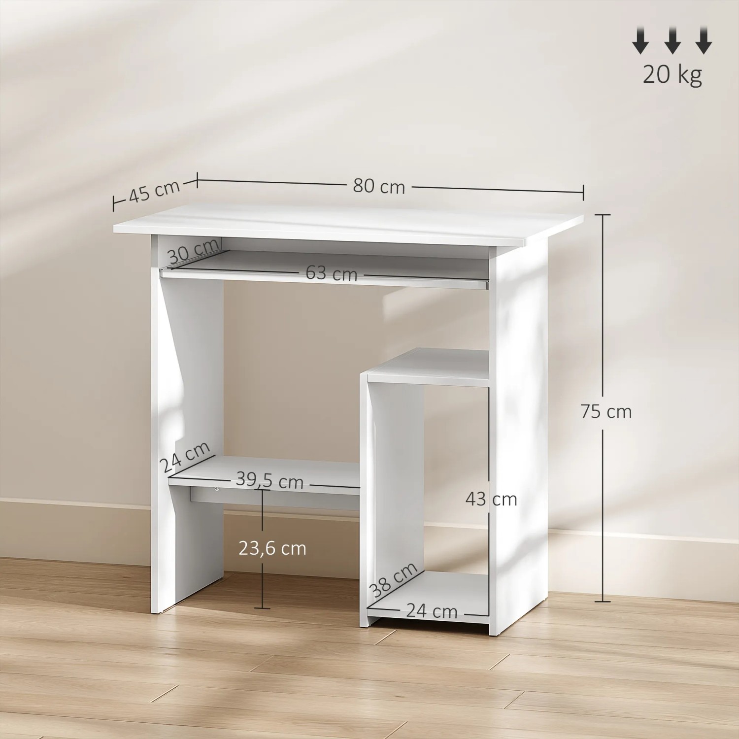 Weißer HOMCOM Computertisch (80x45x75 cm) mit Ablagefächern, ideal für kleine Räume.