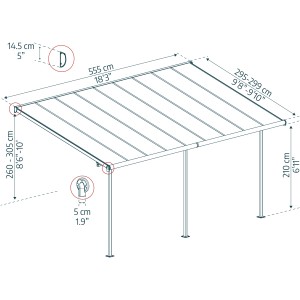 Technische Zeichnung: Palram Canopia Terrassenüberdachung Sierra, 555x295 cm, graues Aluminiumgestell.