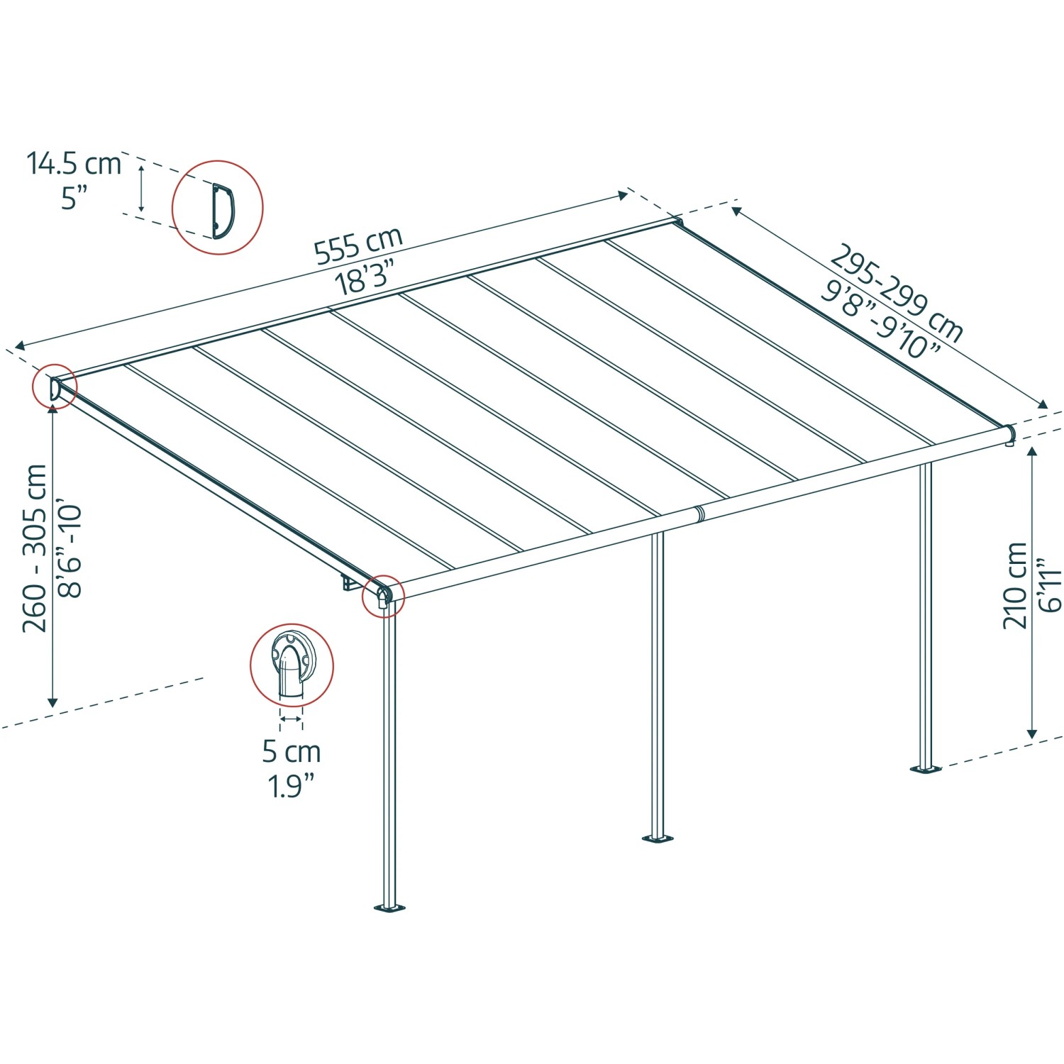 Technische Zeichnung: Palram Canopia Terrassenüberdachung Sierra, 555x295 cm, graues Aluminiumgestell.