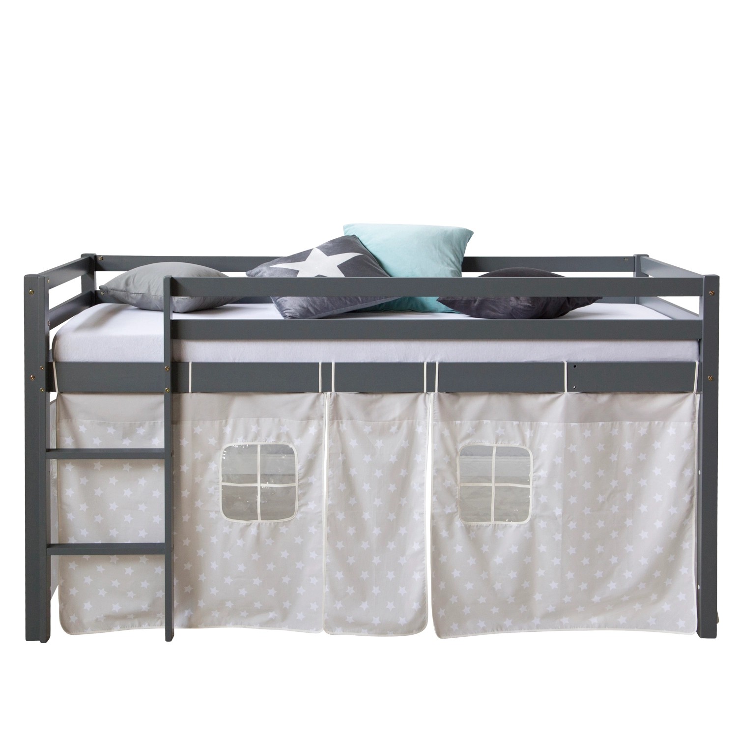 Homestyle4u Hochbett 90x200 mit Vorhang in Grau Sterne 1875