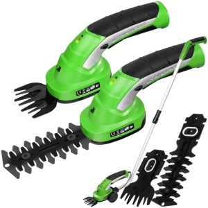 Grüne Tectake Akku Heckenschere 7,2V mit Gras- und Strauchaufsätzen, Teleskopstange. Vielseitige Elektro-Heckenschere.