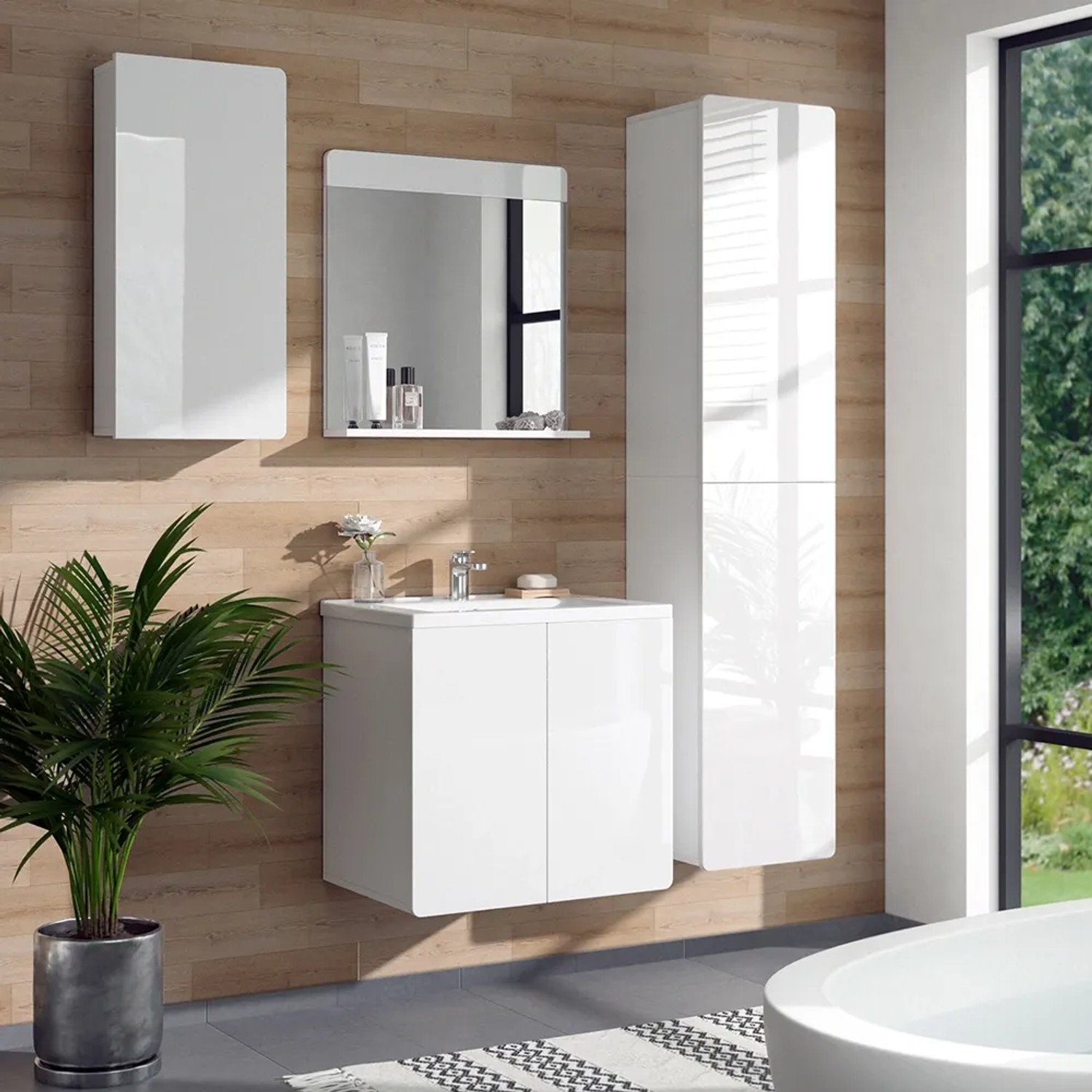 Modernes Badezimmer-Set mit Vicco Badschrank Izan in Weiß Hochglanz und passenden Badregalen.