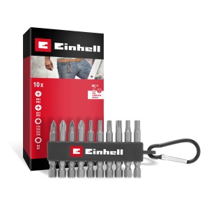 Einhell 10-teiliges Bit-Set mit Karabiner. Graue PH, PZ, TX, HEX Bits in schwarzem Halter. Rote Verpackung. Für Werkzeug-Sets.
