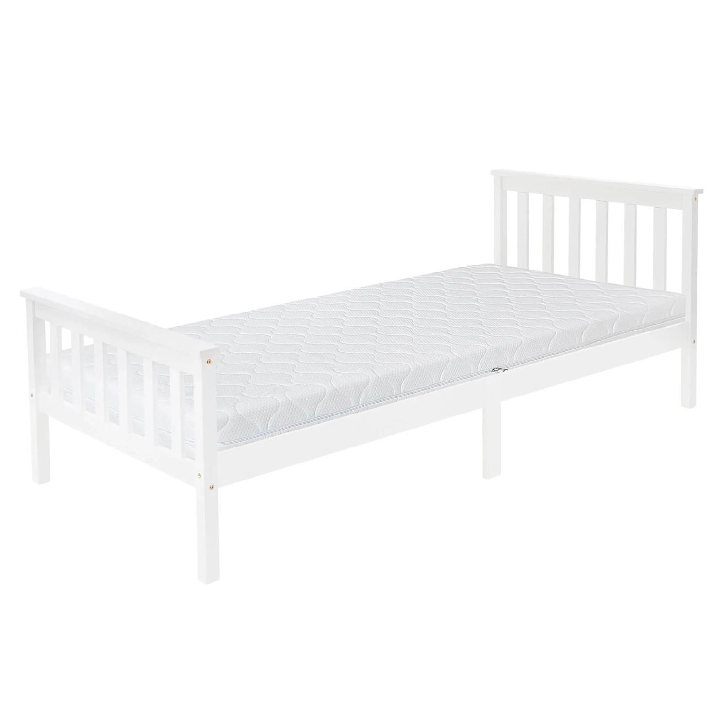 Weißes ML-Design Holzbett 90x200 cm mit Lattenrost und Matratze.
