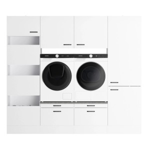 Weißes OPTIFIT Waschsäulen-Set Bonn214 mit Waschmaschine und Trockner, Hauswirtschaftsraummöbel.