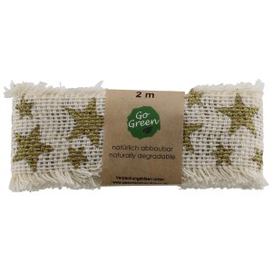 Beiges Strängchen-Band (2 m) mit goldenen Sternen aus Baumwolle für die Weihnachtsdeko.