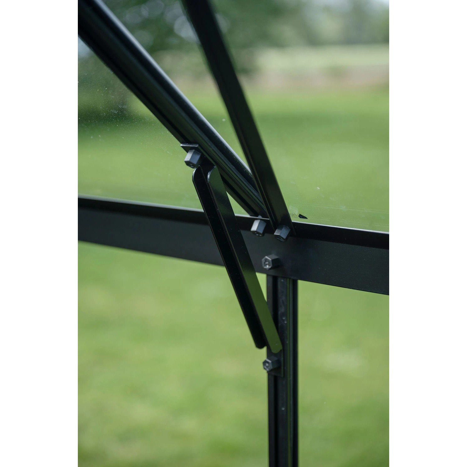 Detailaufnahme des Halls Gewächshaus Icon 8 Schwarz, Fokus auf Fenster und Rahmen.