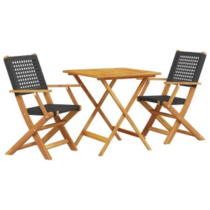 vidaXL Bistro-Set, 3-teilig, schwarz, Poly Rattan/Akazie, klappbar. Gartenmöbel für Balkon und Terrasse.