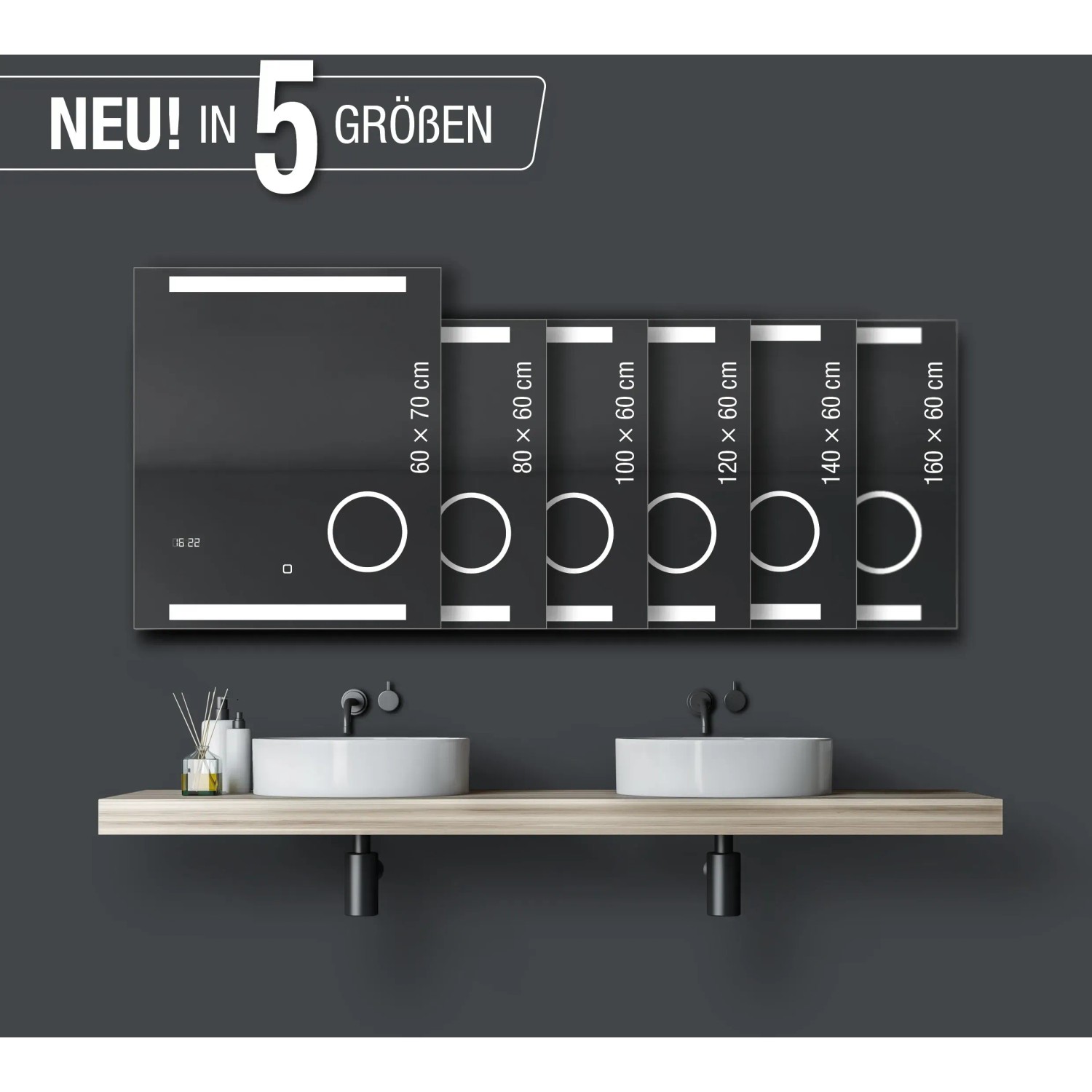 DSK Design LED-Lichtspiegel Silver Conde in 5 Größen für das Badezimmer.
