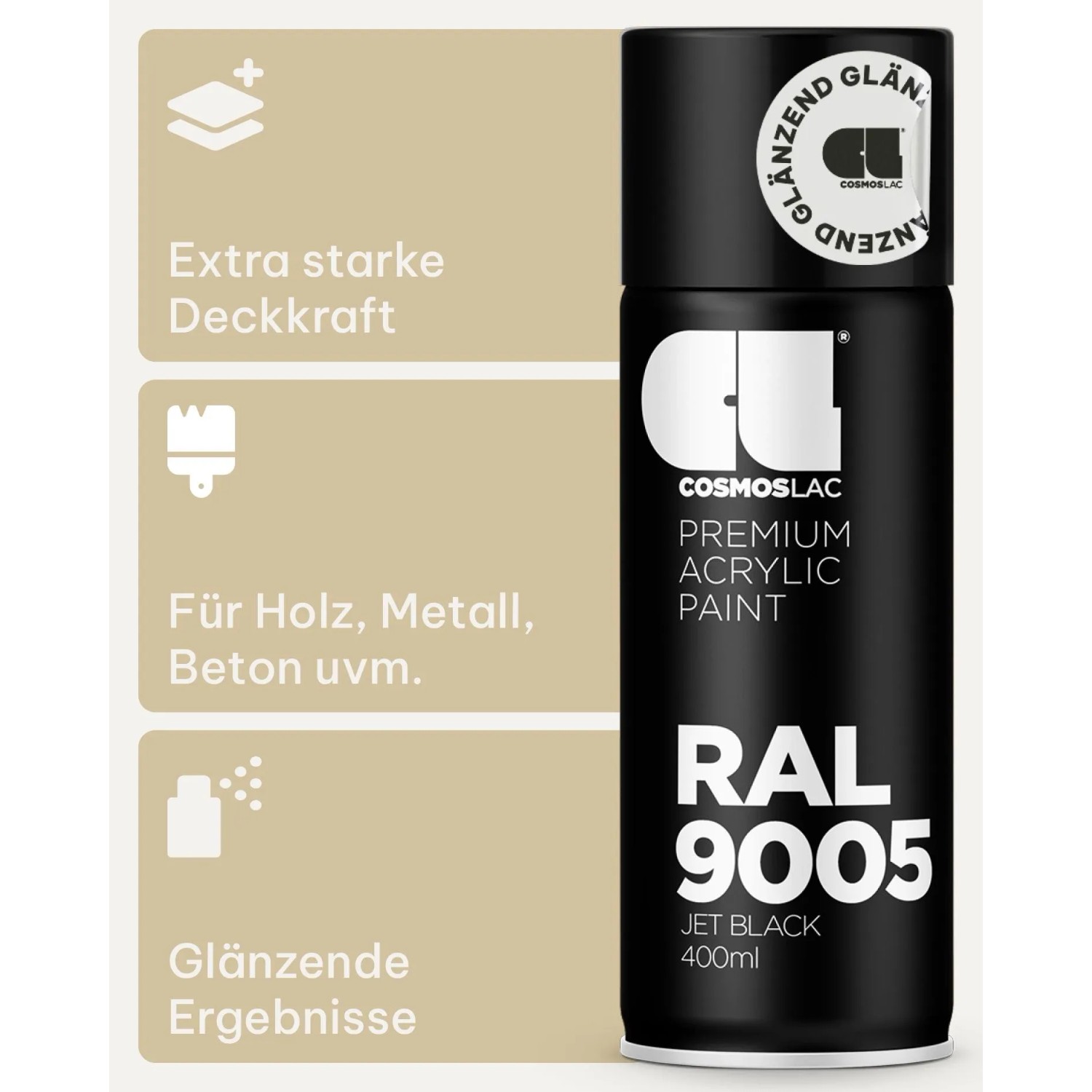 Schwarze COSMOS LAC Acryllack Sprühdose RAL 9005, 400ml, glänzend. Hohe Deckkraft für Holz, Metall, Beton.