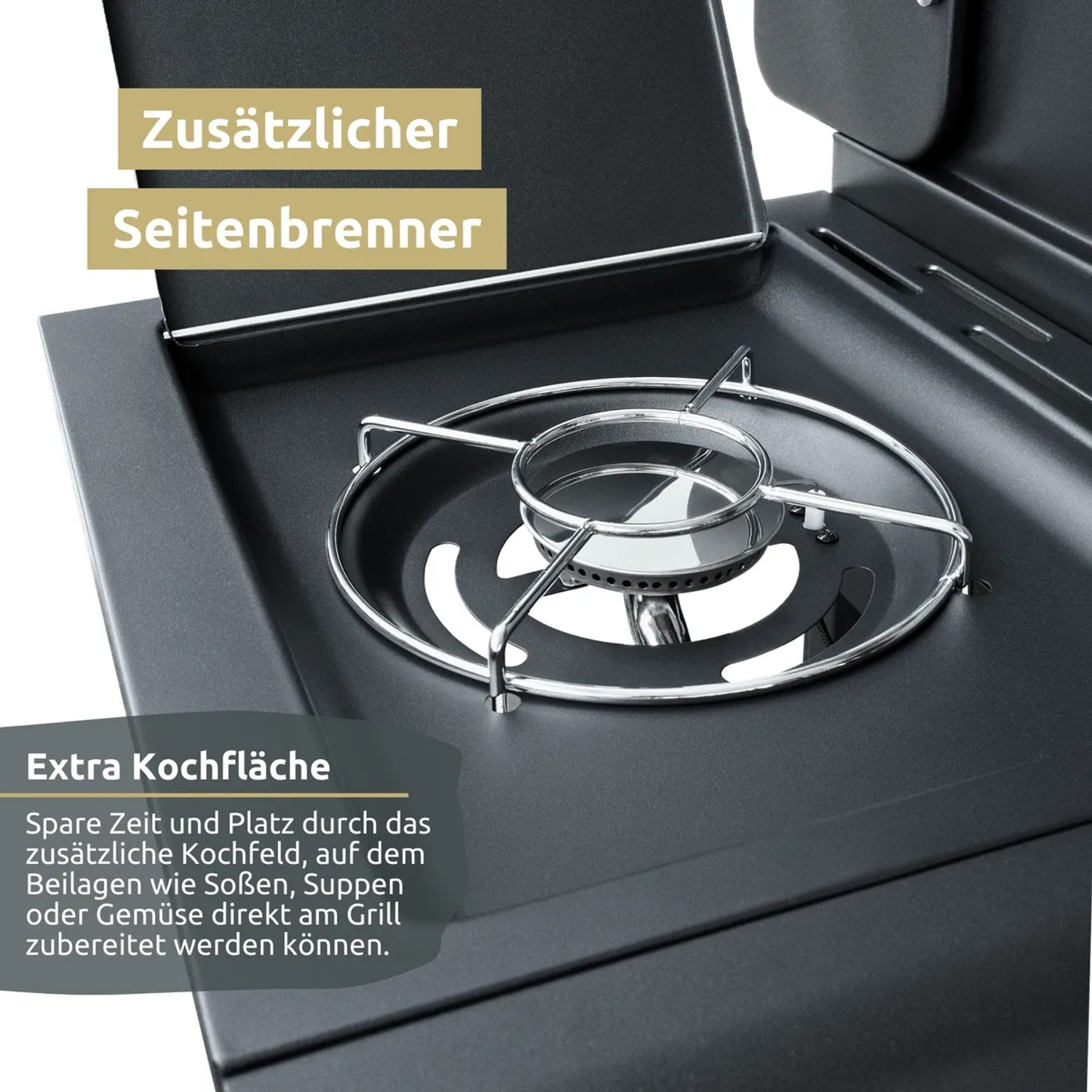 Detailaufnahme: deluxe4home Gasgrill mit Seitenbrenner für Beilagen, Saucen und mehr.