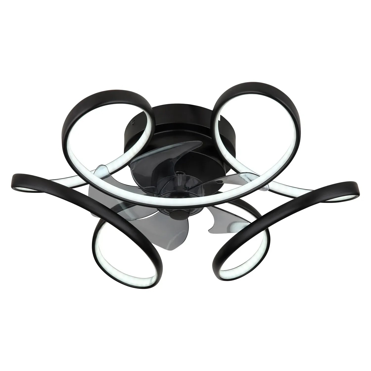 Schwarzer LED-Deckenventilator Loris, Ø 56 cm, mit geschwungenen Leuchten und transparenten Rotorblättern.