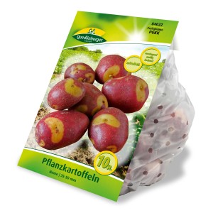 Quedlinburger Pflanzkartoffeln 'Nemo', 10 Stück, mit rot-gelber Schale im durchsichtigen Sack.